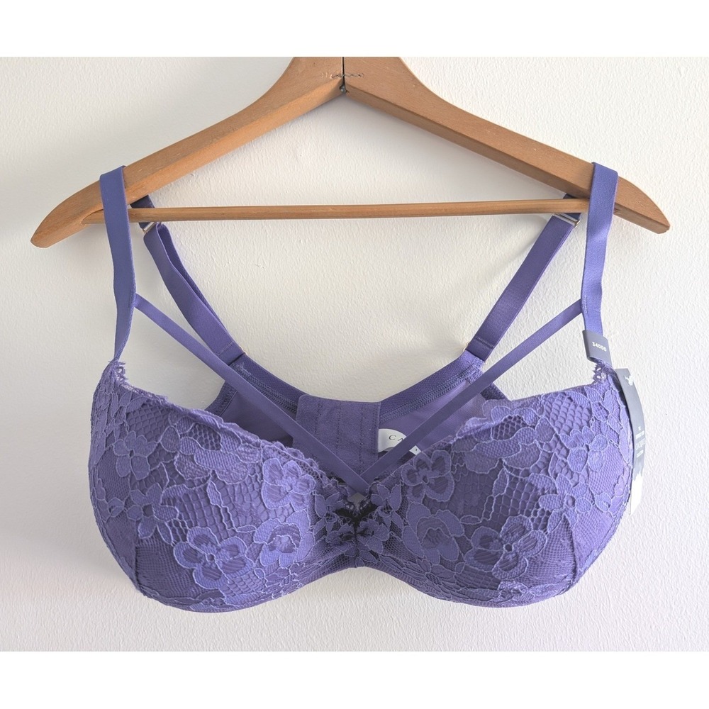 NWT Cacique Max Boost Plunge Bra‎ 34DDD Purple Floral Lace Strappy Underwire